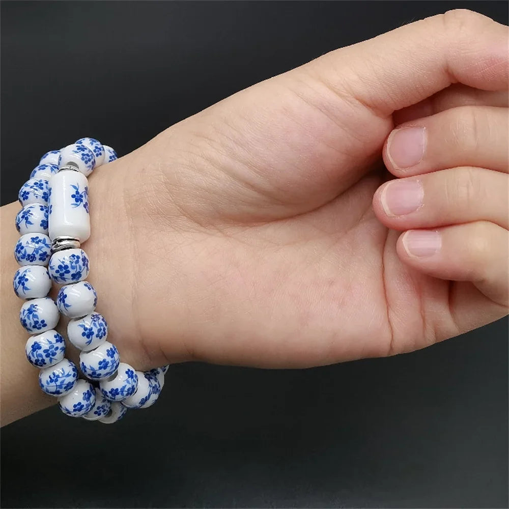 Blue White Porcelain Ceramic Stretch Bead Bracelet | Floral Ceramic Bead Bracelet Qme