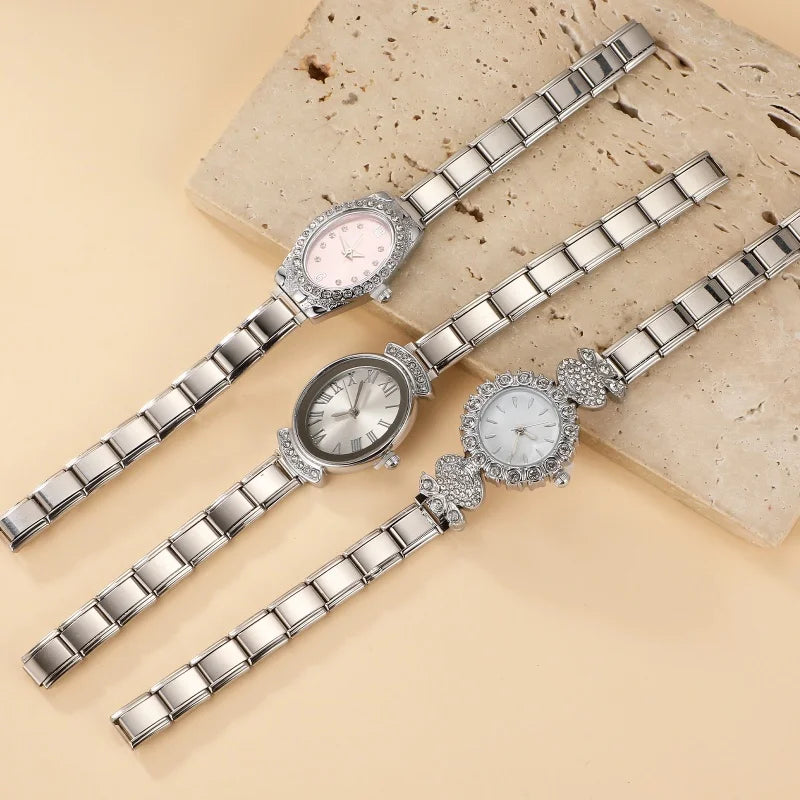 Women's Italian Elastic Stainless Steel Oval Charm Watch Bracelet Bracelet Watch Qme