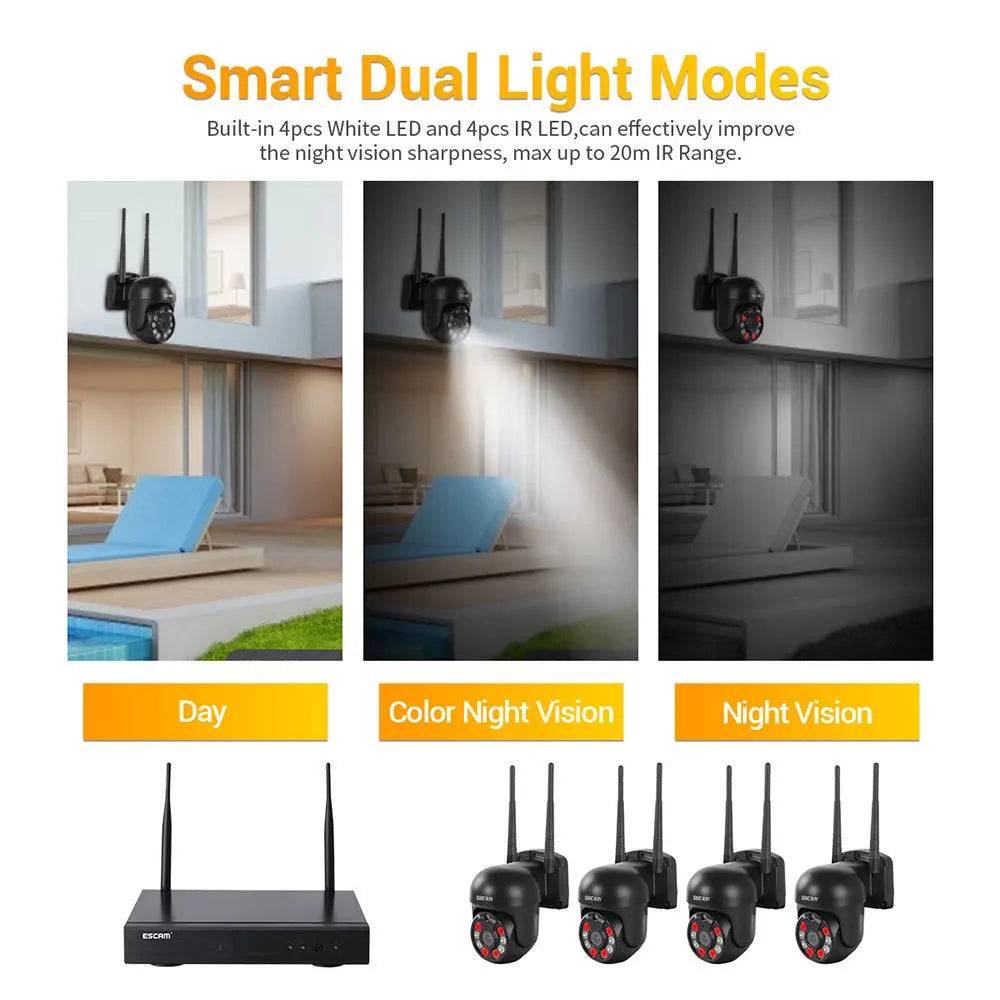 ESCAM 3MP HD Wireless CCTV PTZ System | 8CH NVR & Night Vision Wireless CCTV System Qme