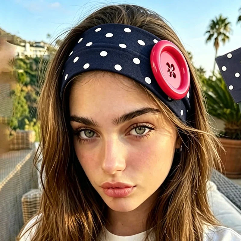 Y2K Wide Polka Dot Elastic Headband – Big Button Hair Hoop Wide Elastic Headband Qme