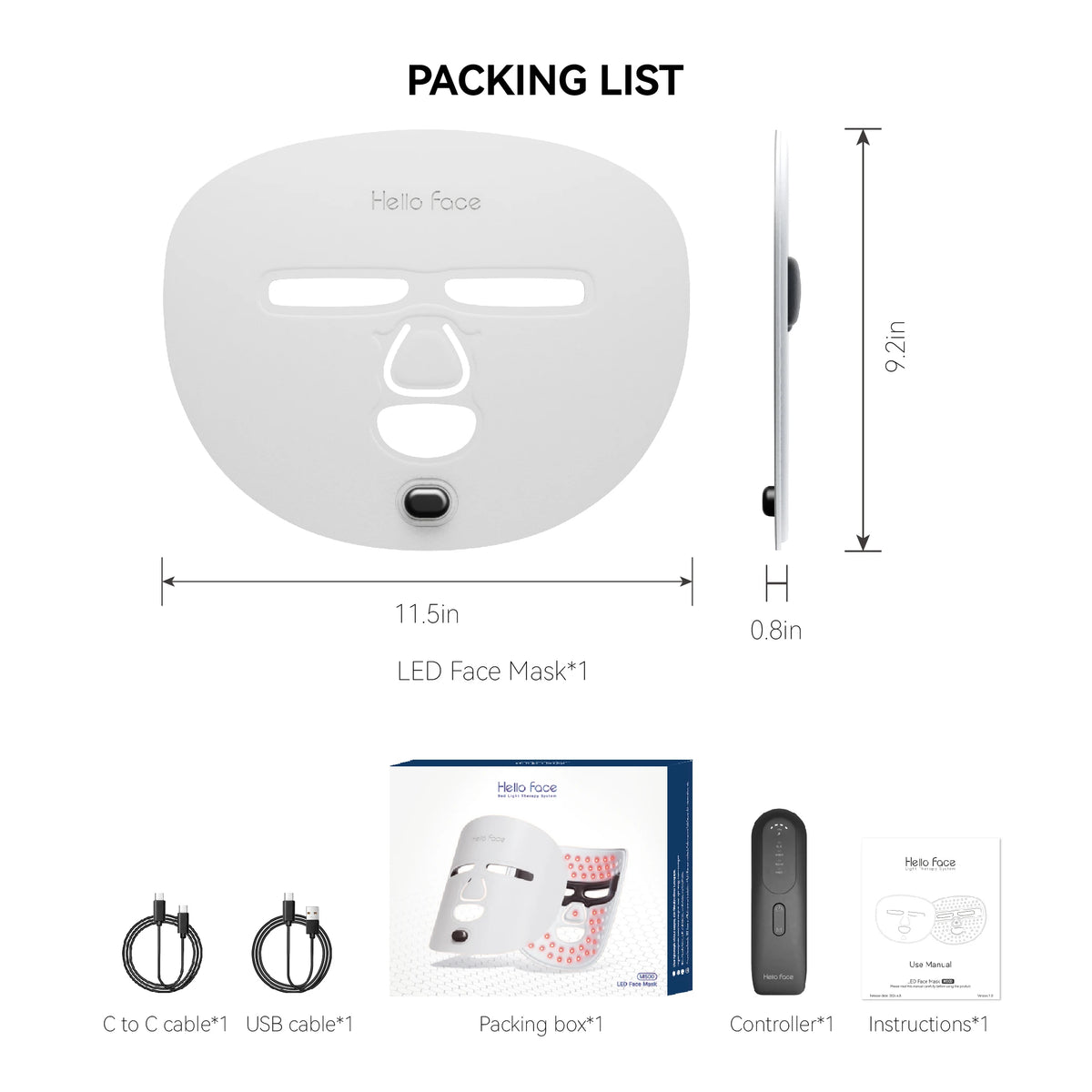 Hello Face M500 LED Light Therapy Mask – 332 LEDs, 4 Modes LED Therapy Face Mask Qst Gray Mask