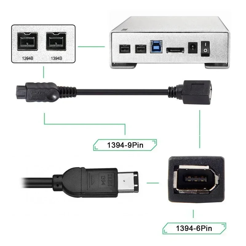 FireWire 800 to 400 Cable 9-Pin to 6-Pin IEEE 1394 2ft FireWire Cable Qme