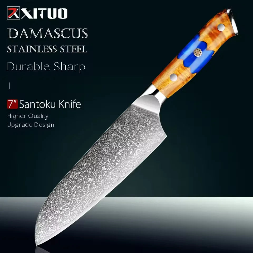 Xituo 7-Inch Damascus Santoku Knife – 67-Layer Steel & Blue Handle Santoku Knife Qst