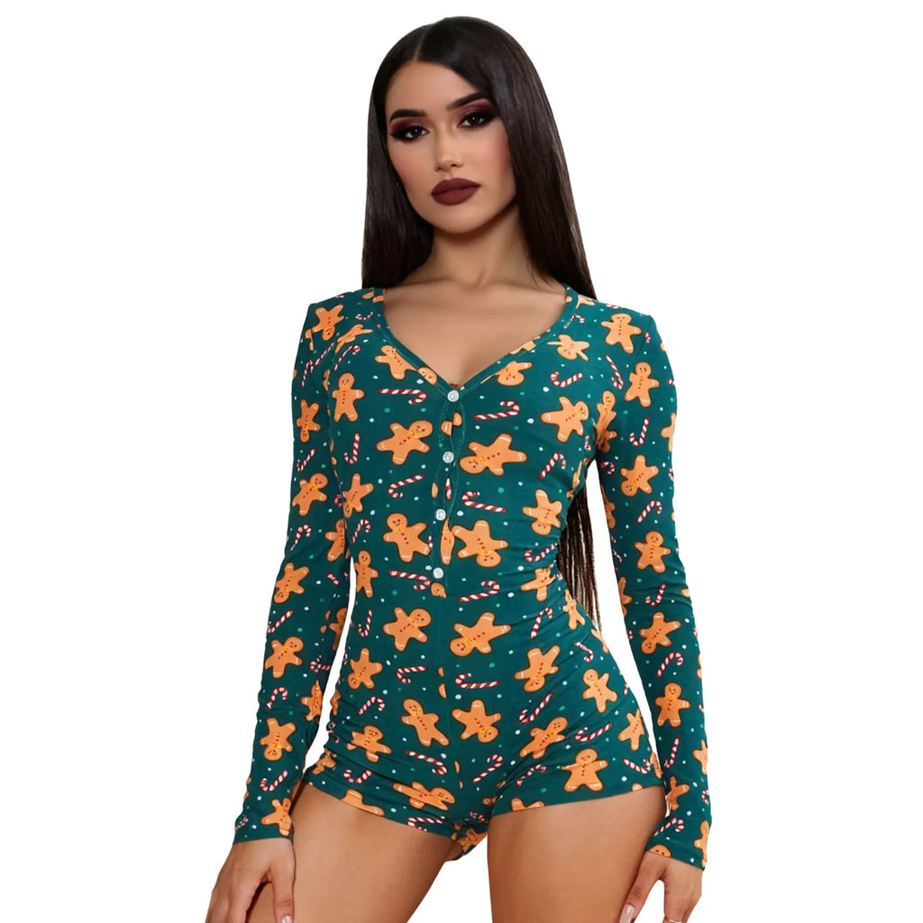 Women's Christmas Gingerbread Long Sleeve Jumpsuit Romper Holiday Costume Jumpsuit Qme