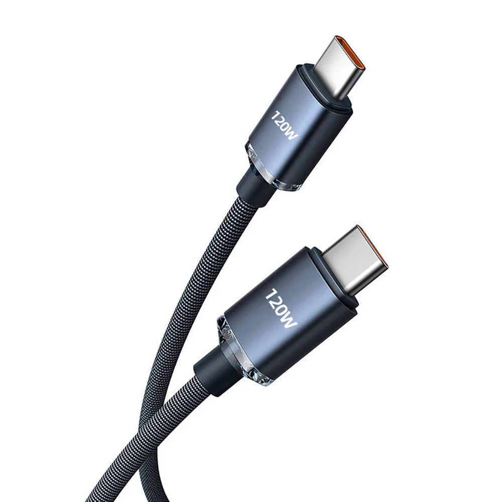 120W 6A USB-C Fast Charging Braided Cable | PD Charger Cord USB-C Charging Cable Qme Black 0.25m