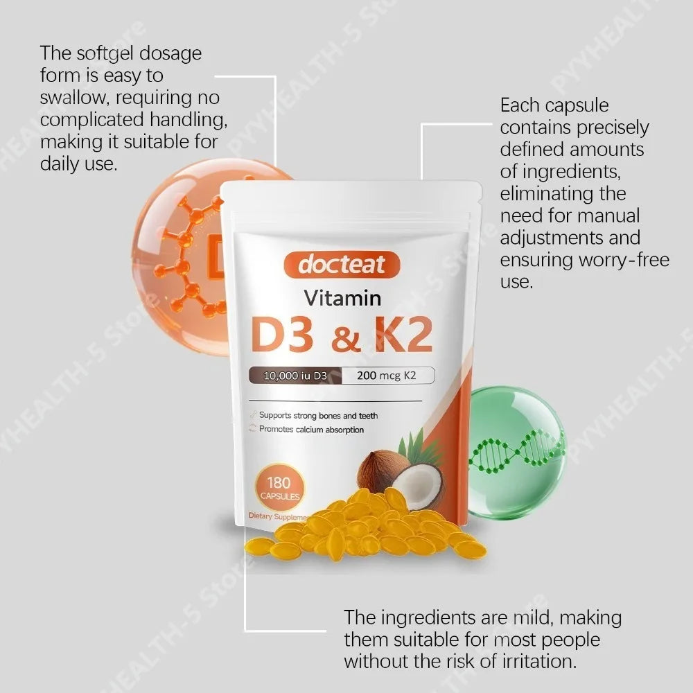 Vitamin D3 K2 Softgels 10,000 IU 200mcg – 180 Capsules | Docteat Vitamin Supplement Qst