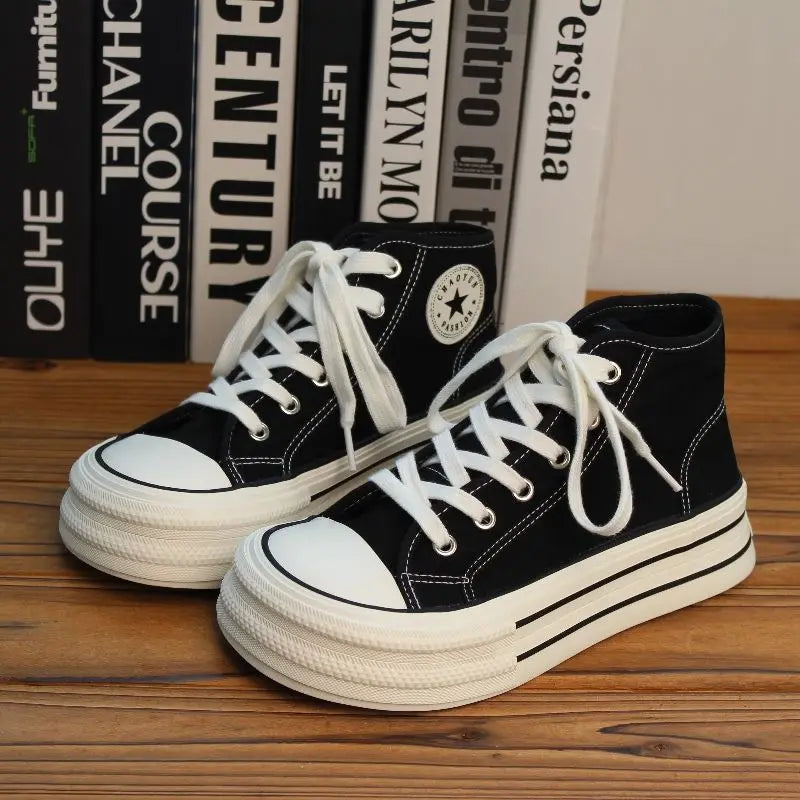Women's Pink High Top Canvas Sneakers – Casual Lace-Up Flats Canvas High Top Sneakers Qst WA-67YN Black 39