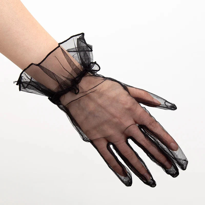 Women's Black Lace Gloves – Sheer Tulle Wedding & Bridal Lace Fashion Gloves Qme