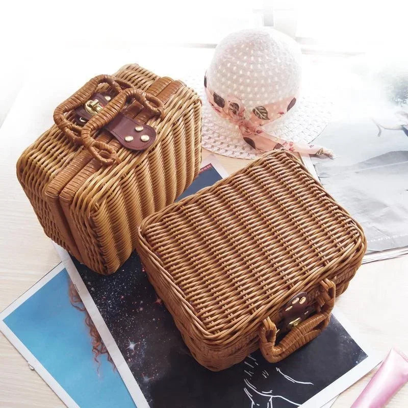 Rattan-Look Woven Storage Basket Box with Handle | Retro Home Woven Storage Basket Qme