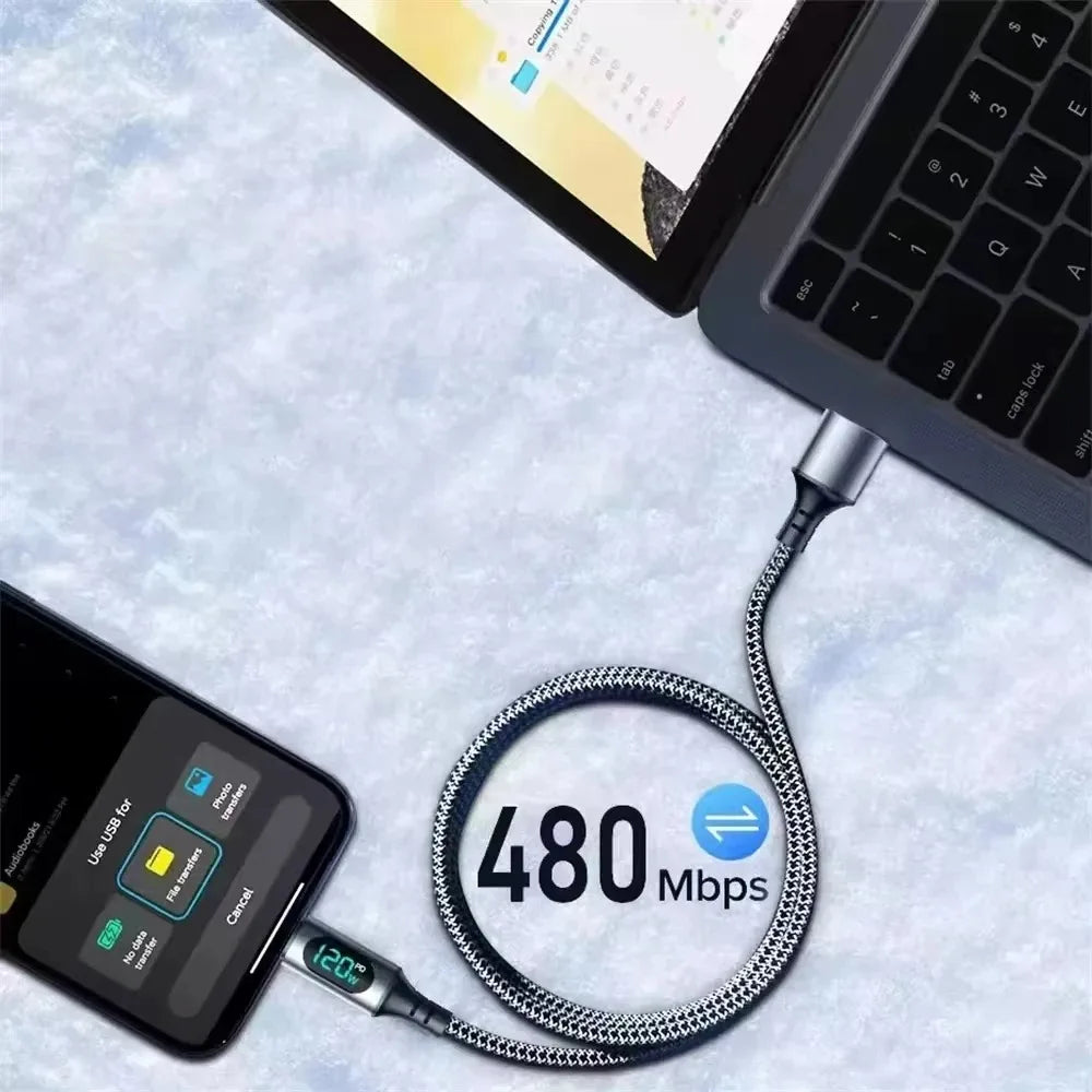 120W USB-C Fast Charge Cable | LED Display | 6A Nylon Braided USB-C Charging Cable Qme