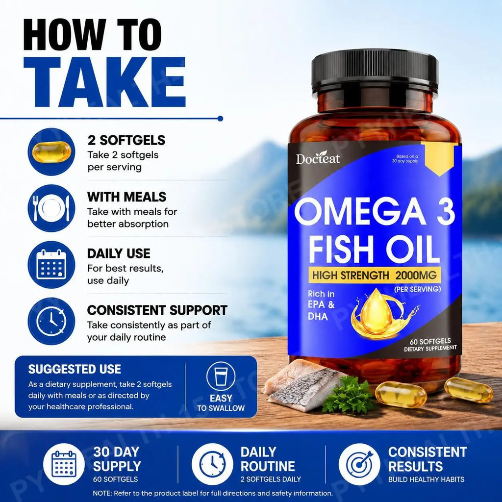Docteat Omega-3 Fish Oil 2000mg – EPA 800mg DHA 600mg, 60 Softgels Omega-3 Supplement Qst
