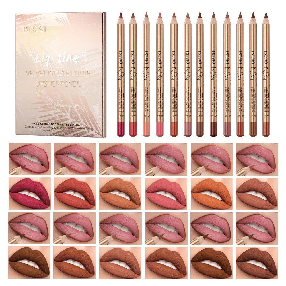 QIBEST 12-Color Matte Waterproof Lip Liner Pencil Set Lip Liner Set Qme