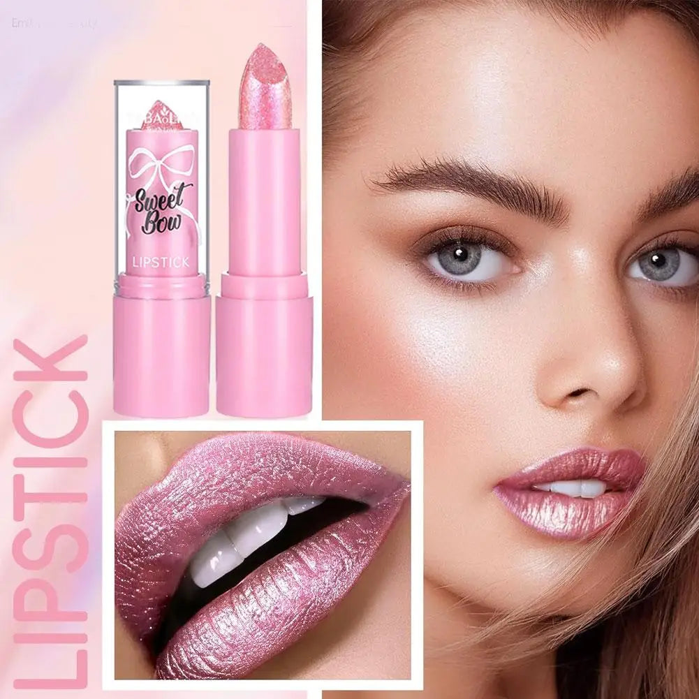 Metallic Pink Glitter Lipstick – Long-Lasting Diamond Shine Glitter Lipstick Qme