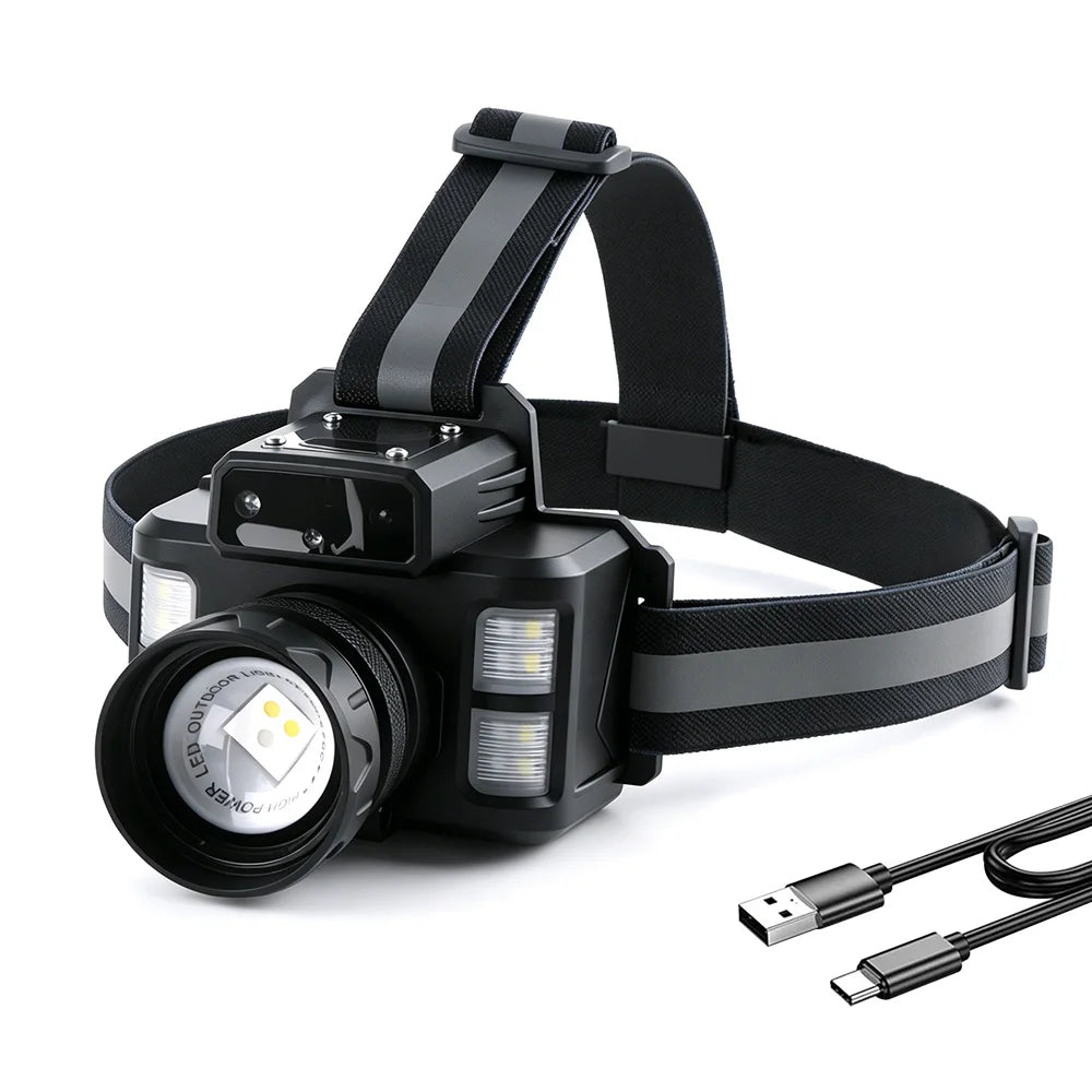 BORUiT 800LM Motion Sensor Headlamp USB-C Rechargeable Zoom Rechargeable Headlamp Qst Black