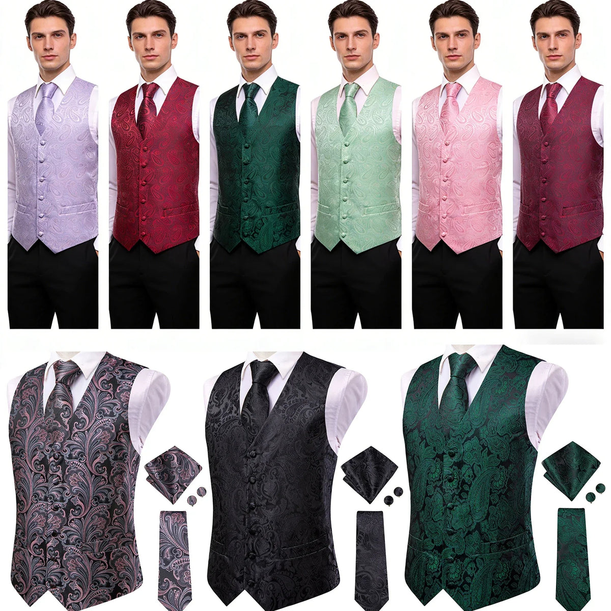 Men's Paisley Waistcoat & Tie Set | Single Breasted Vest Vest & Tie Set Qme