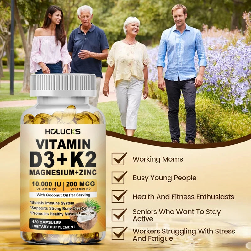 HOLUCKS Vitamin D3 10000IU K2 MK-7 Magnesium Zinc Capsules Vitamin Supplement Qst