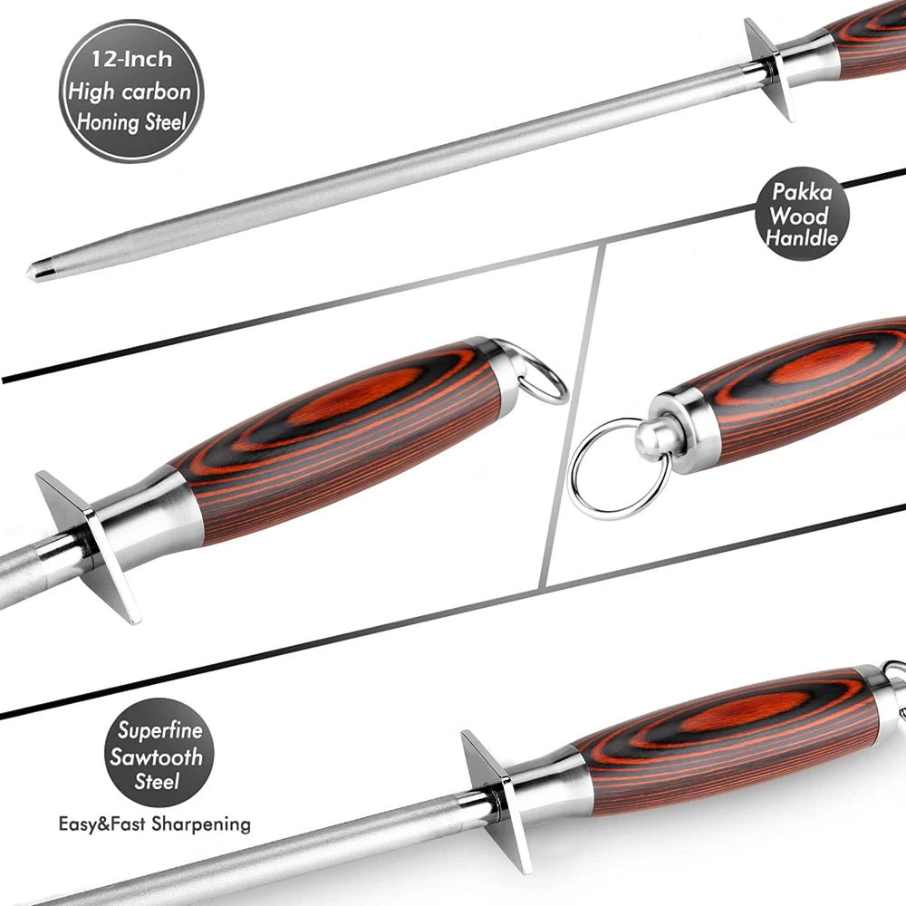 XITUO 12-Inch Diamond Knife Sharpening Rod – Wood Handle Knife Sharpening Rod Qst