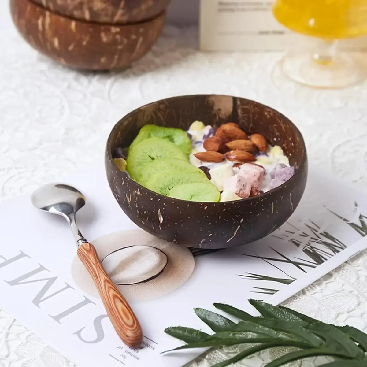 Natural Coconut Shell Bowl & Wooden Spoon Set | Polished Coconut Shell Bowl Set Qme