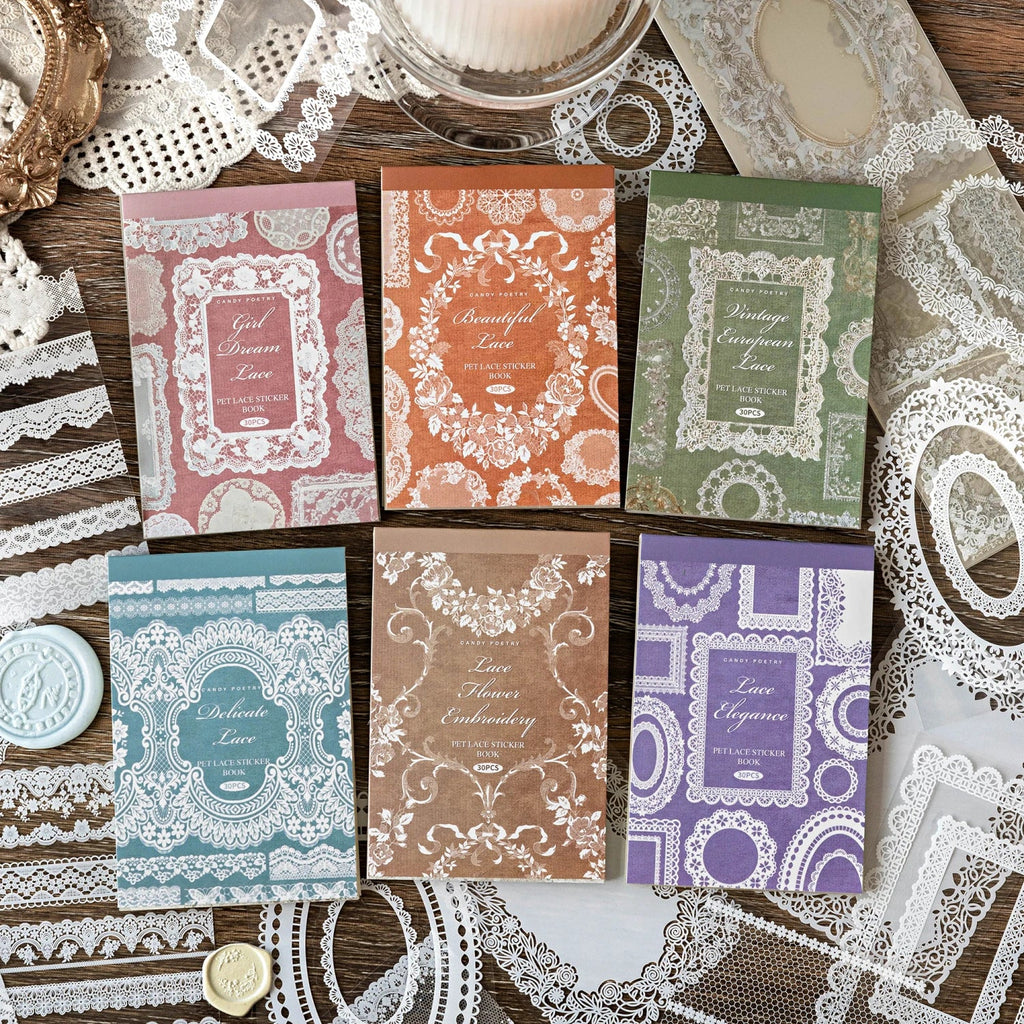 30-Sheet Lace PET Stickers for DIY Scrapbooking & Collage Art Decorative Craft Stickers Qme