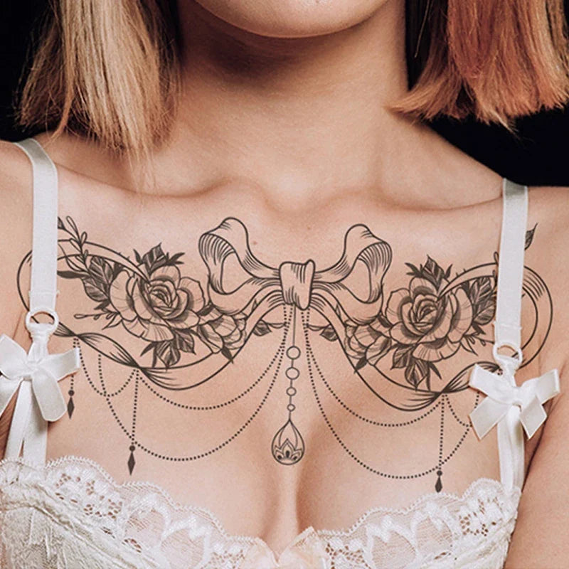 Black Bow Flower Temporary Tattoo Sticker – Chest Back Abdomen Temporary Tattoo Sticker Qme