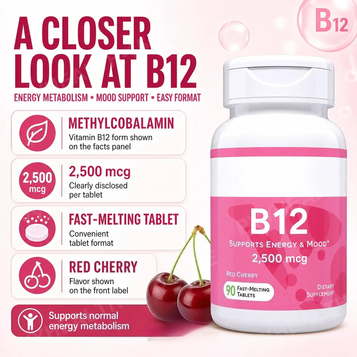Vitamin B12 2500mcg Fast Dissolve Tablets – Cherry, 90 Count Vitamin Supplement Qst