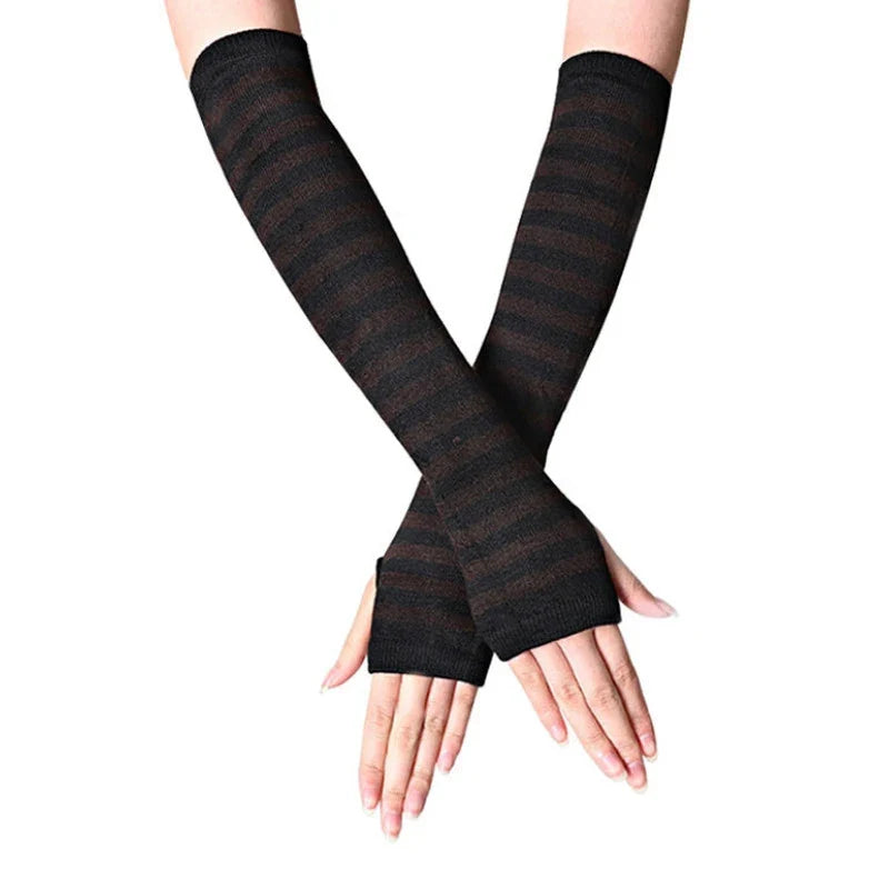 Women's Striped Knitted Elbow Gloves – Long Arm Warmers Knitted Arm Warmers Qme SB814 Length -32cm