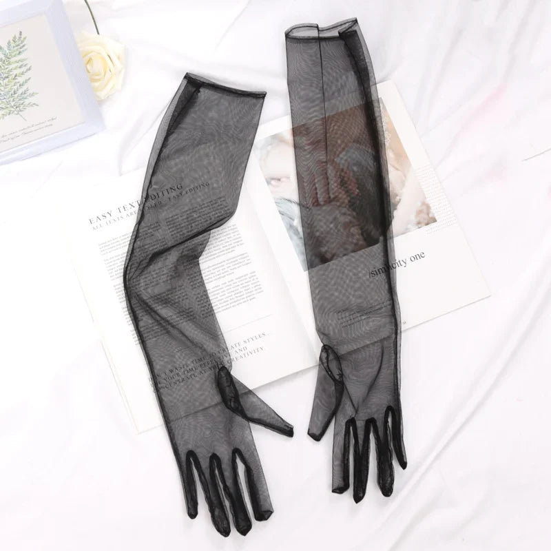 Women's Sheer Lace Mesh Gloves – Ultra Thin Elastic, 55cm Lace Mesh Gloves Qme black 55cm