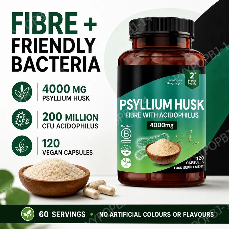 Psyllium Husk 4000mg + Lactobacillus Acidophilus – 120 Vegan Caps Fiber Probiotic Supplement Qst
