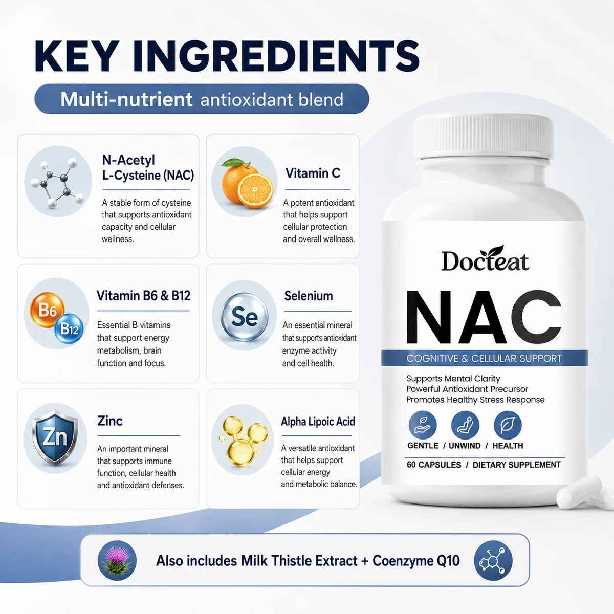 Docteat NAC Capsules – Antioxidant Blend with CoQ10 & Zinc Dietary Supplement Qst