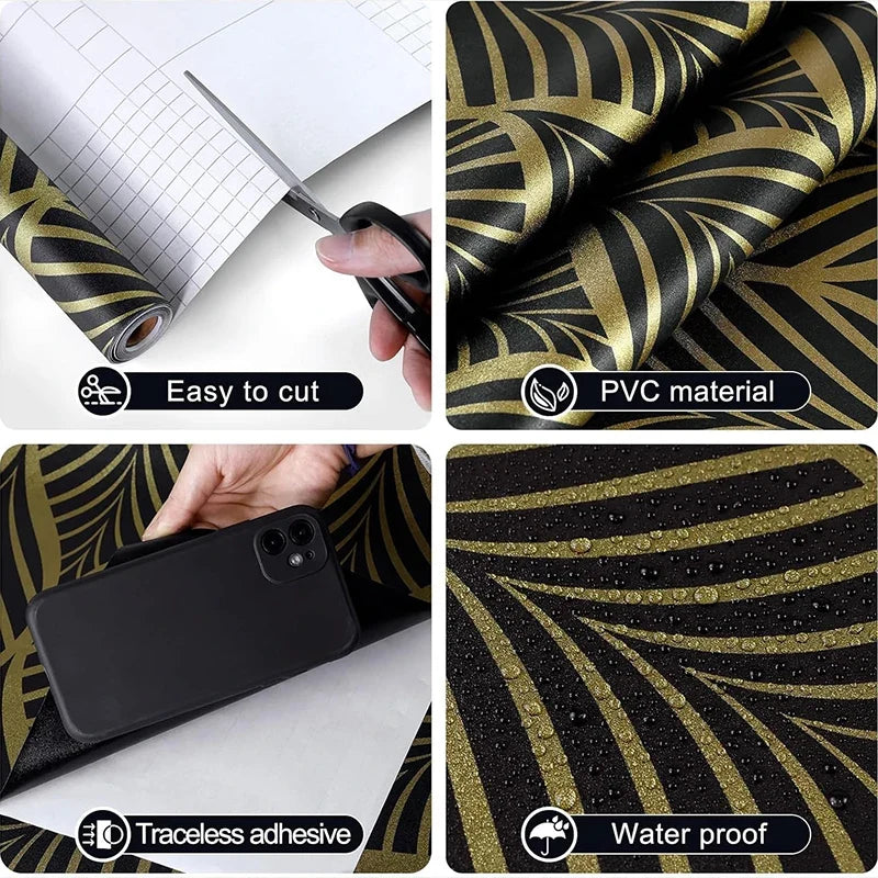 Black Gold Art Deco Self-Adhesive Wallpaper | Geometric PVC Self-Adhesive Wallpaper Qme