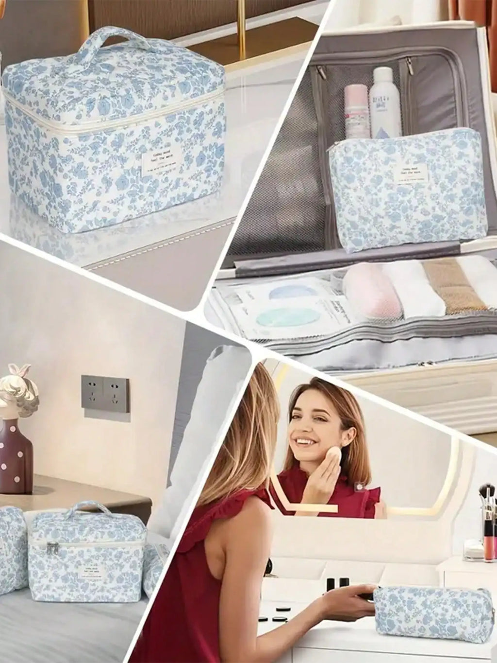 Large Capacity Cotton Makeup Bag – Checkered Flower Design Makeup Bag Qme