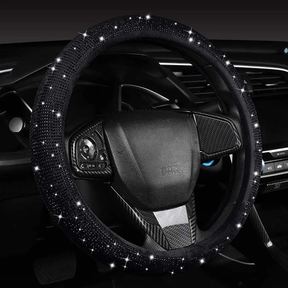 Black Crystal Rhinestone Steering Wheel Cover | Universal Fit Steering Wheel Cover Qme