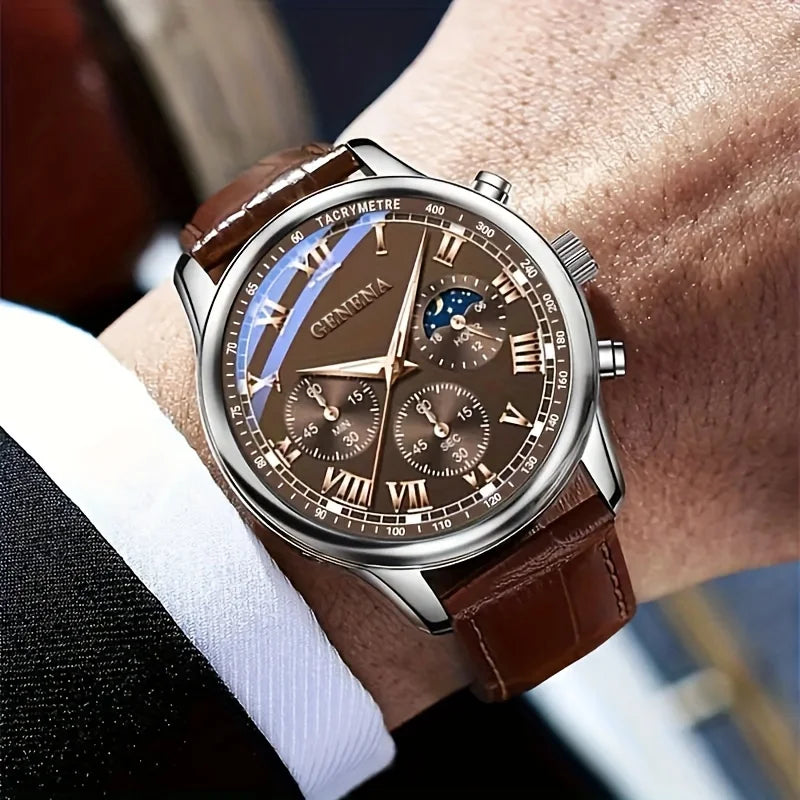 Geneva Men's Quartz Watch – Leather Strap, Large Dial, Bronze Men's Quartz Watch Qme