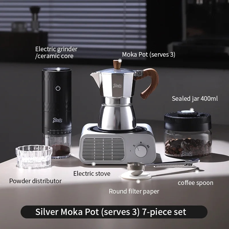 BINCOO Moka Pot Kit – Electric Heater & Manual Grinder Moka Pot Bundle Qst 7pcs Set B-3cups