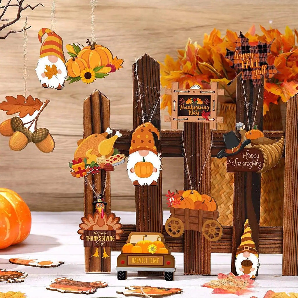 Thanksgiving Wooden Ornaments – Gnome Turkey Pumpkin Maple Leaf Seasonal Wood Ornaments Qme