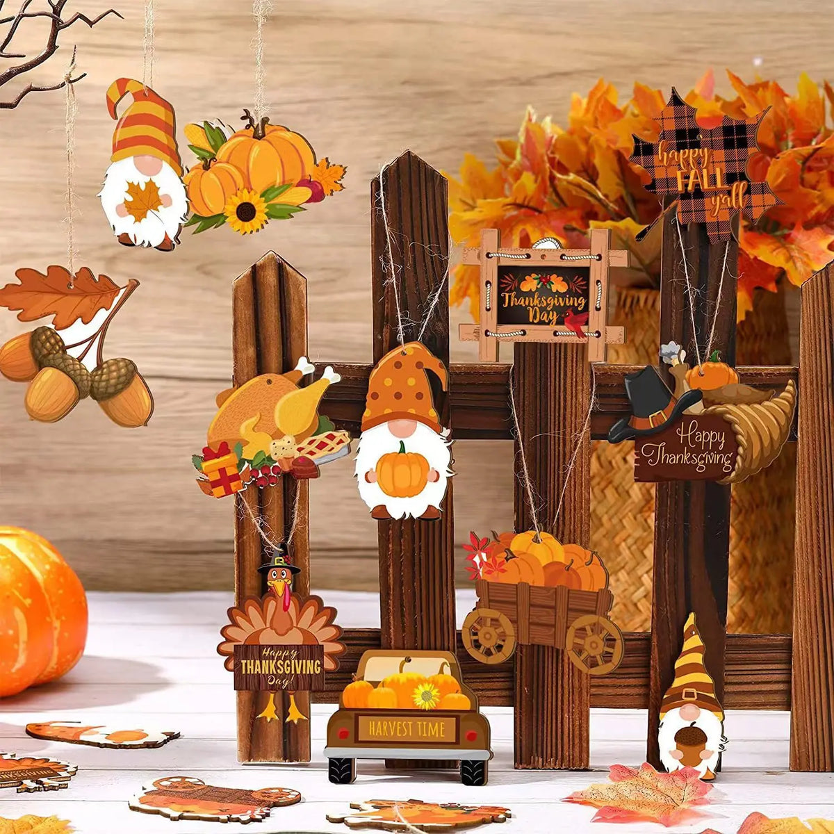 Thanksgiving Wooden Ornaments – Gnome Turkey Pumpkin Maple Leaf Seasonal Wood Ornaments Qme