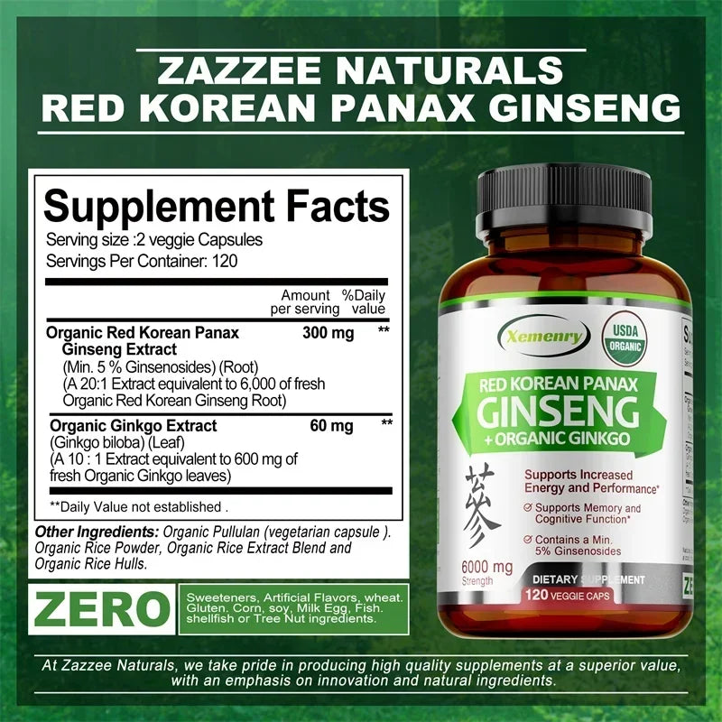 Korean Red Panax Ginseng & Ginkgo Biloba Capsules | Xemenry Herbal Supplement Qst