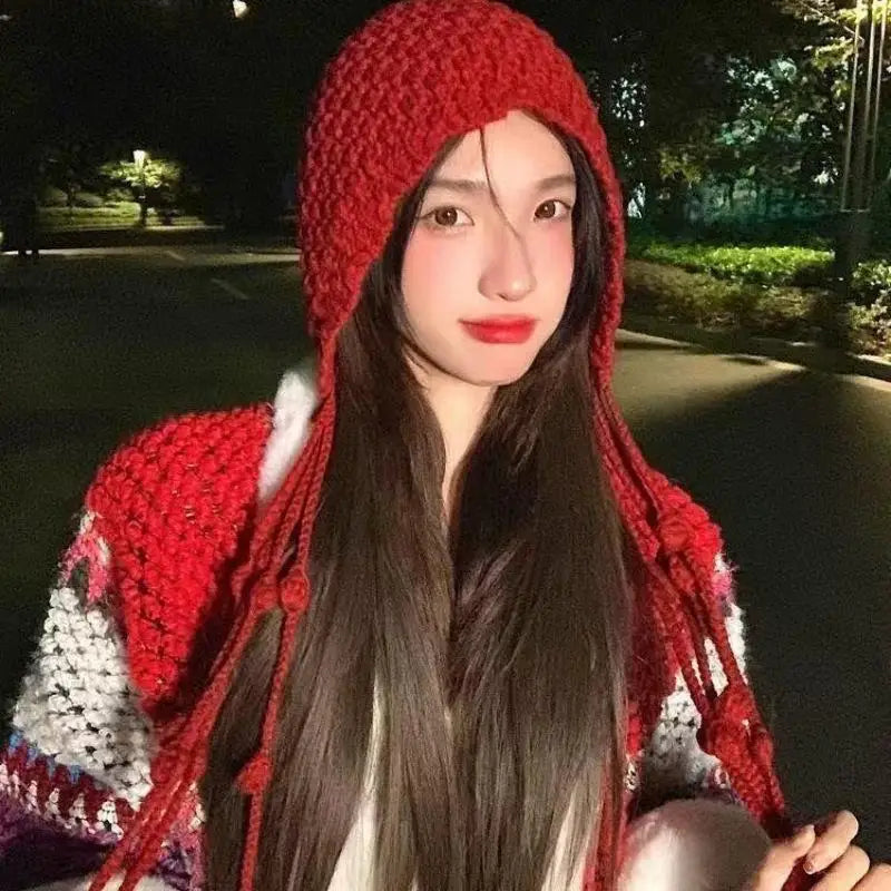 Women's Winter Knitted Tassel Beanie with Ear Cover Knitted Winter Beanie Qst