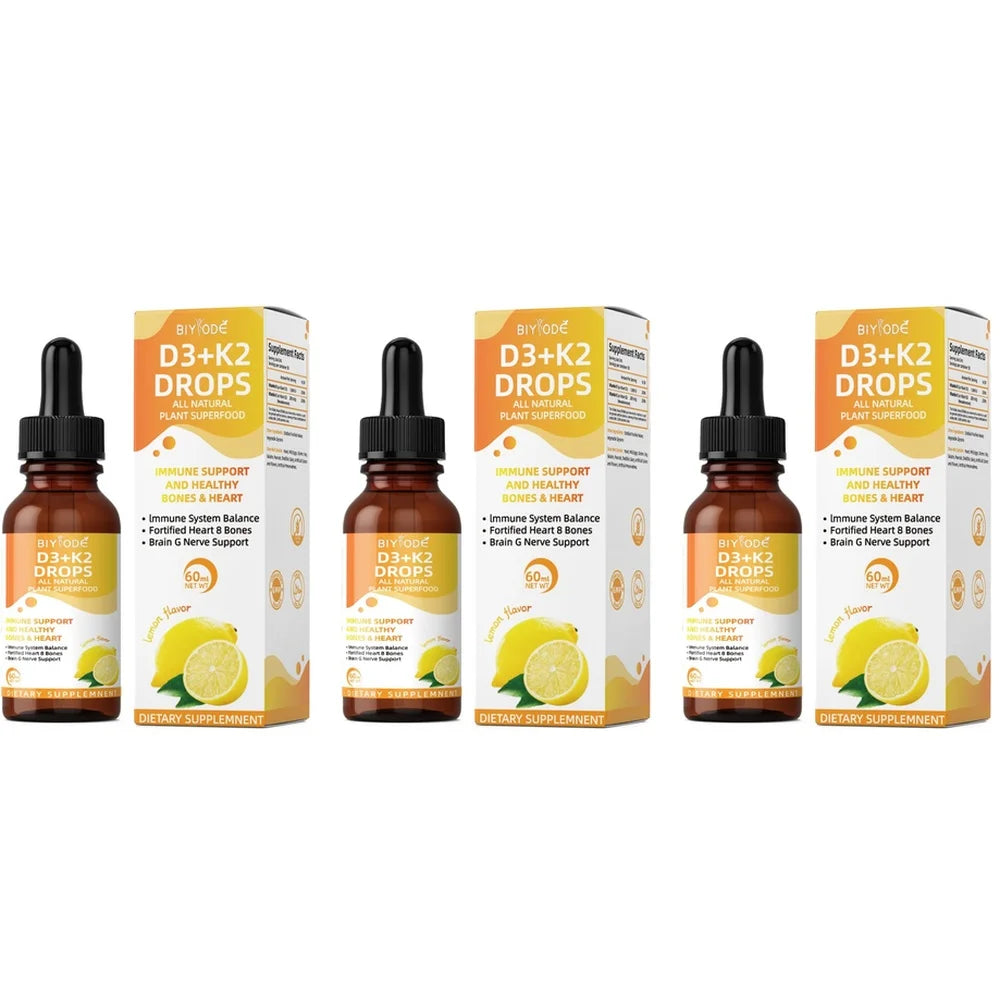 BIYODE Vitamin D3 K2 Liquid Drops 1000 IU Lemon 60ml Vitamin D3 K2 Drops Qst 3bottles