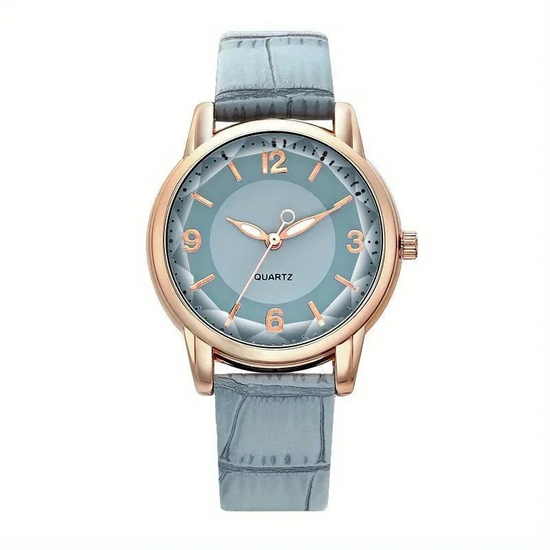 Ladies Casual Round Quartz Watch – Analog PU Leather Strap Analog Quartz Watch Qme Blue No