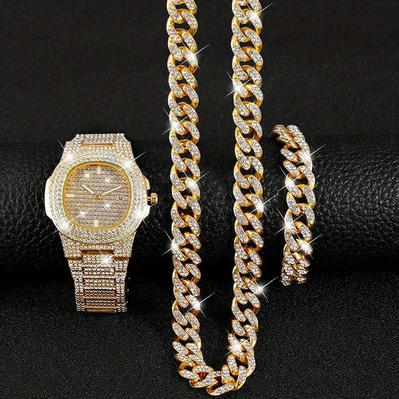 Men's Luxury Diamond Quartz Watch | Large Dial Business Style Men's Quartz Watch Qme Golden No