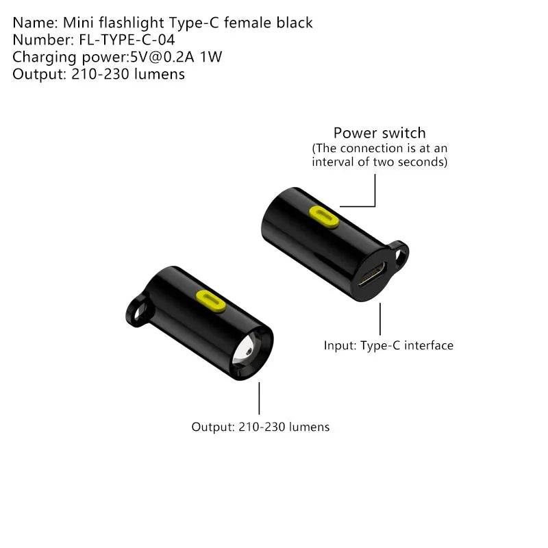 Type-C LED Mini Flashlight – Portable USB-C Pocket Torch LED Pocket Flashlight Qst Type C Female Black