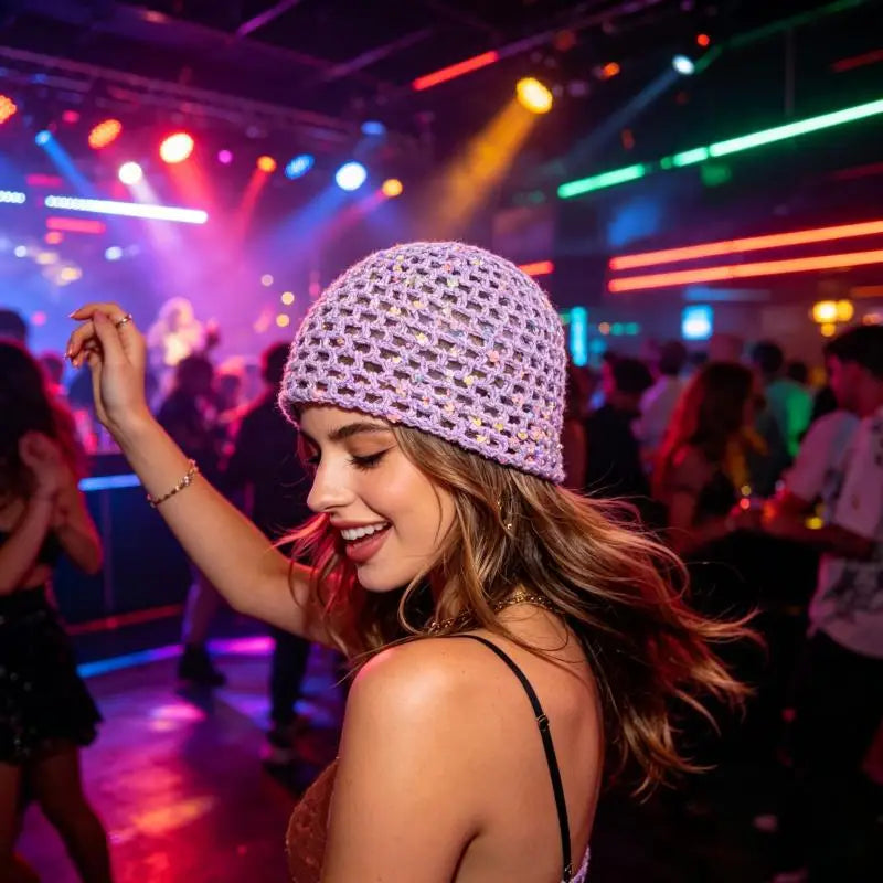 Women's Y2K Sequin Knitted Bucket Hat – Hollow Crochet Style Knitted Bucket Hat Qst Purple