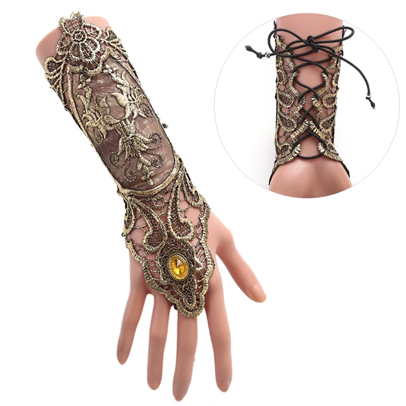 Gothic Steampunk Lace Fingerless Glove Arm Warmer – Black Lace Fingerless Glove Qst