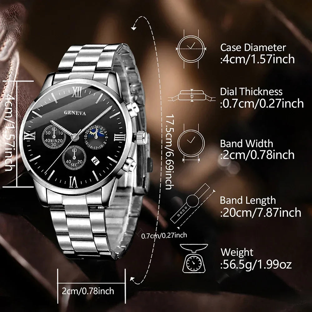 Men's Quartz Watch & Jewelry Set – Cross Pendant, Necklace & Ring Men's Jewelry Set Qme