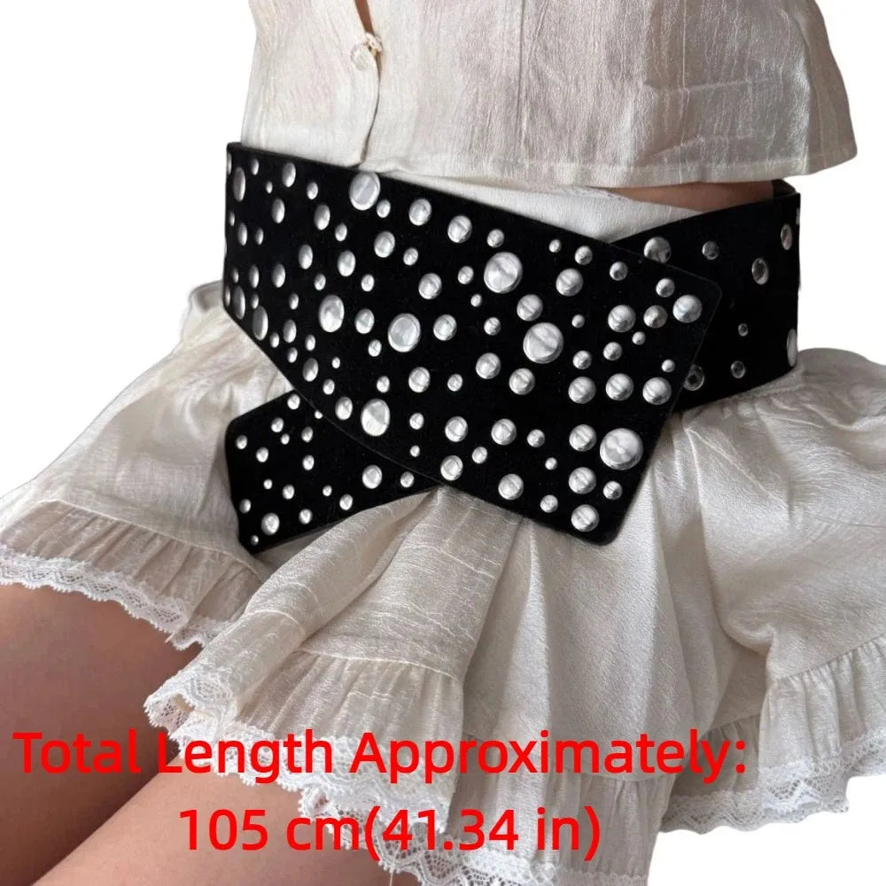 PU Leather Extra Wide Studded Belt Y2K Rivet Waistband Wide Studded Belt Qme