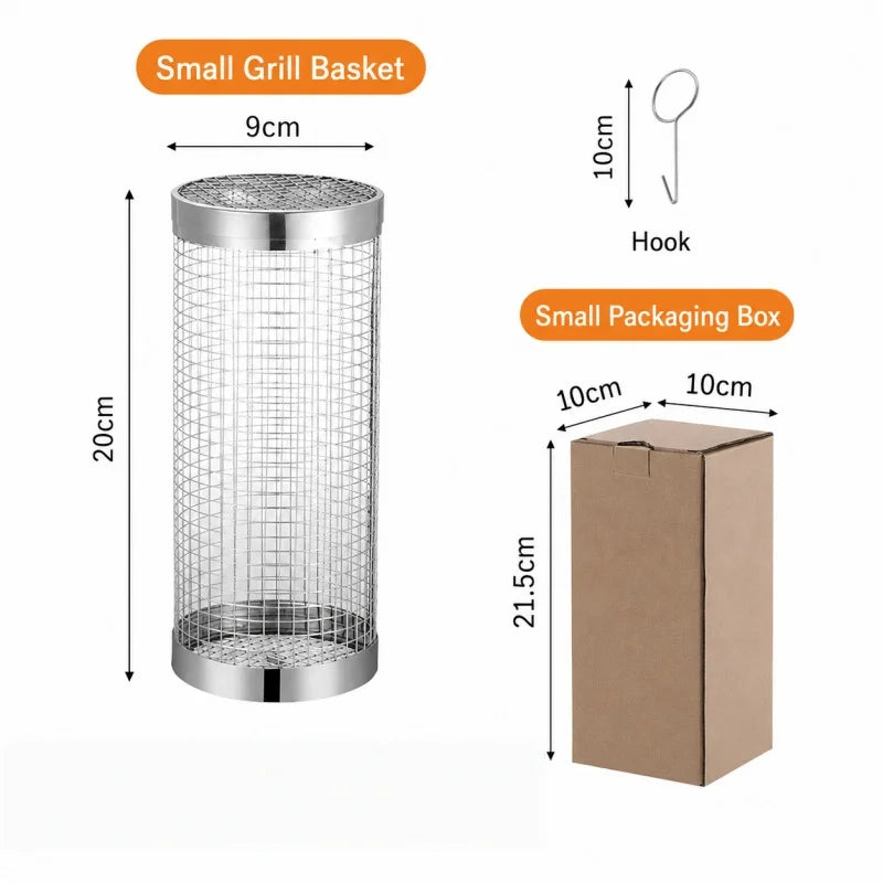 Stainless Steel Cylinder Rolling Grilling Basket | Portable BBQ BBQ Grilling Basket Qme 20CM