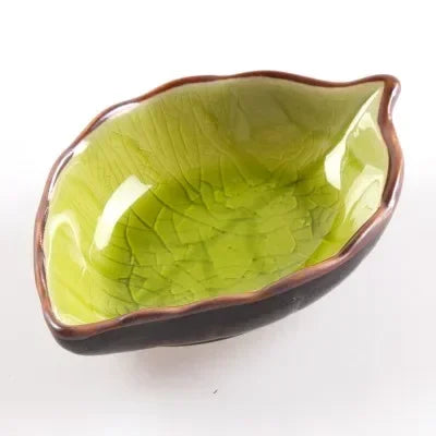 Ceramic Leaf Saucer Ice Crack Glaze | Soy Sauce Dish Ceramic Condiment Dish Qme Yellow