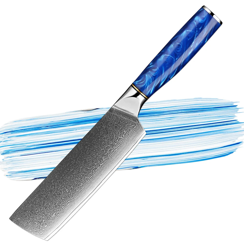 XITUO 7" Damascus Nakiri Knife – VG-10 Steel, Blue Resin Handle Damascus Nakiri Knife Qst Nakiri Knife