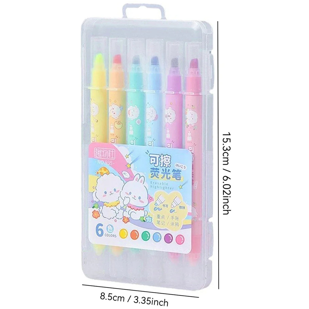 6-Color Double-Ended Erasable Highlighters | Kawaii Stationery Erasable Highlighter Set Qme